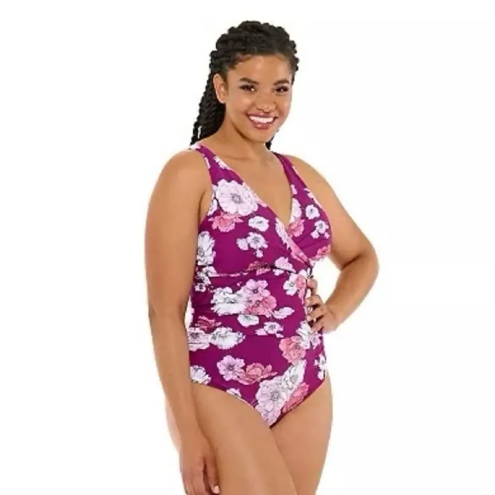 Freshwater Surplice Lace-Back One-Piece Swimsuit Plus Size 2X Purple Floral - Picture 8 of 16